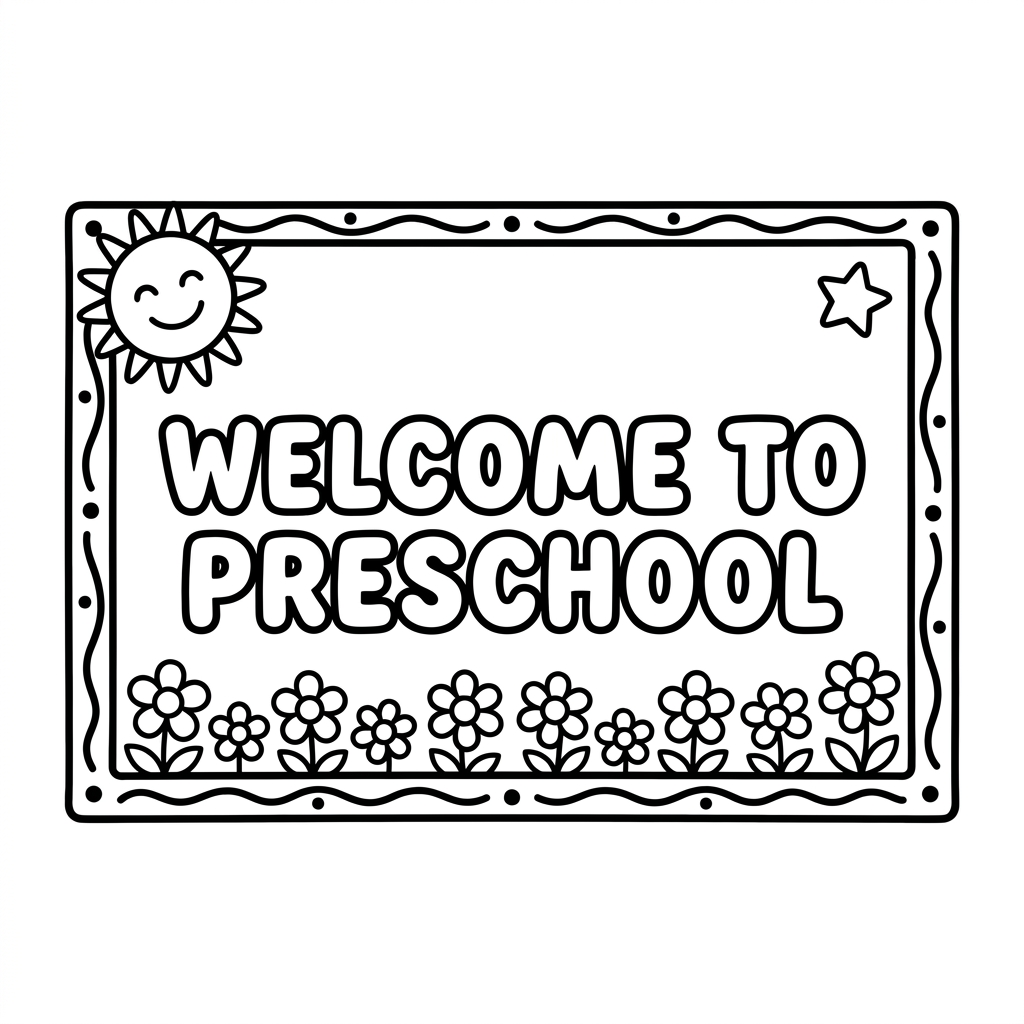 Welcome to preschool coloring page showing a large bubble letter sign decorated with flowers and a sunshine